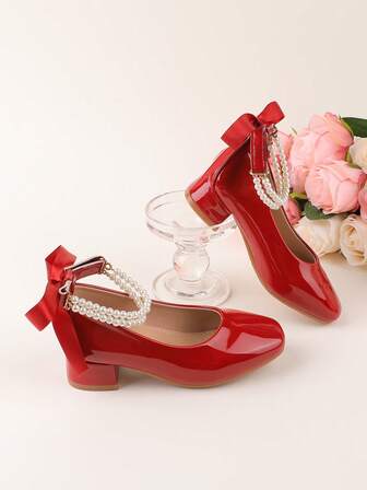 Formal Dress Shoes, Performance Shoes, Ballet Mary Jane Princess Shoes, Little Leather Shoes, Suitable For Weddings, Parties, Gatherings, Vacations, Flower Girl, Girls, Children, Toddlers, Fashion Red, Burgundy, Bow, Pearl, All Seasons, Elegant, High Heel, Chunky Heel Flats
