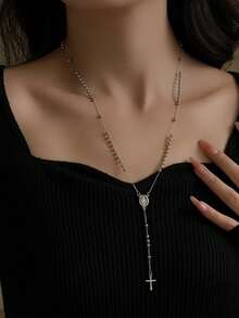 1pc Fashionable Versatile Steel-Color Rosary Necklace - Silver - View 3