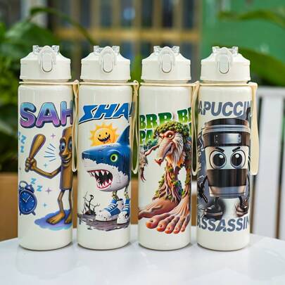 1 garrafa de água estampada com tema de desenho animado Shanhaijing, resistente e fofa, de 700 ml/23 oz, copo de água para esportes ao ar livre com tampa e canudo, design à prova de vazamentos, adequado para corrida, ciclismo e viagens - presente perfeito para aniversário, Natal, Halloween, Ano Novo, garrafa de água adorável, equipamento de hidratação para viagens, design de personagem de desenho animado