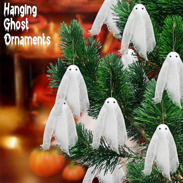 6/12Pcs Halloween Ghost Hanging Ornaments, 3.5 Inch Small Hanging Ghosts Tree Ornaments, Farmhouse Rustic Cloth Ghosts Hanging Decoration For Haunted House Party Yard Tree Decor