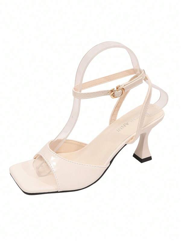 Women's Square Toe High Heel Sandals, Summer Backless Lace-Up Open Toe Elegant High Heels, Sexy Nude Color Pumps