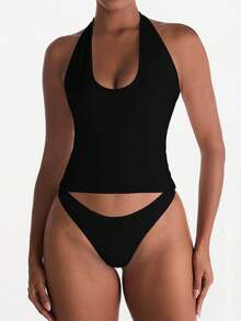 XLLAIS Sexy Backless Halter Tops Fashion U Neck Elastic Casual Slim Fit Women's Camisole Back To School Halloween - Black - View 3