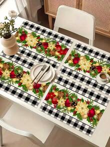 1 pieza Camino de mesa con estampado de serie navideña, 4 piezas Individuales con estampado navideño, adecuado para fiestas, cumpleaños, cenas, decoración de cocina y comedor, decoración del hogar y sala de estar para todas las temporadas - Multicolor - Ver 9
