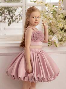 2pcs/Set Young Girl Floral Embroidered Pink Spaghetti Strap Dress, Elegant Princess Style Outfit Suitable For Birthday Party, Wedding, School Performance, Holiday Occasions