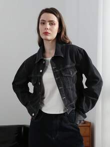 Jaqueta Denim de Manga Longa com Lapela de Cor Sólida Fashionable para Mulheres - Preto - Visão 9