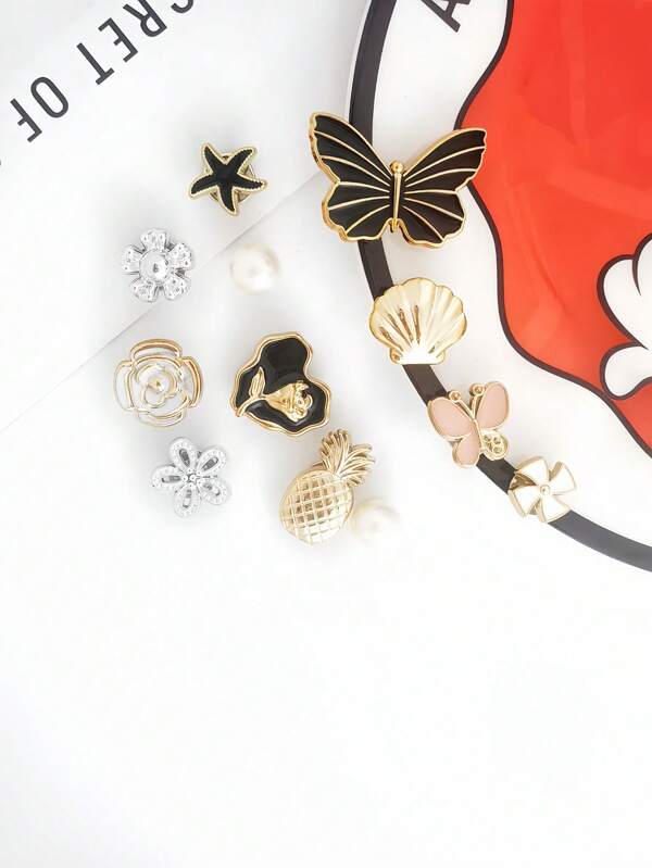 12pcs Butterfly, Starfish, Heart, Pineapple, Flower, Rose Fashion Shoe Charms/Decorations, Suitable For Decorating Beach Shoes, Slippers, Bags