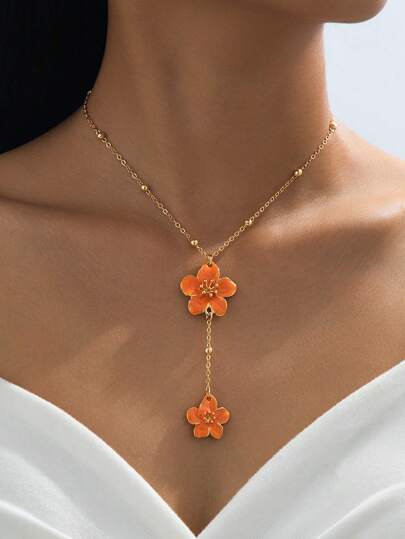 1 pieza Collar con colgante de flor de 5 pétalos naranja en capas, hecho a mano y elegante para mujeres (Sin caja de regalo. Debido al corte artesanal, el número de cuentas en la cadena es aleatorio, pero la longitud final permanece fija y no afecta el efecto de uso)