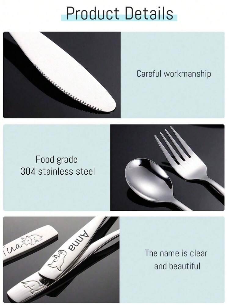 1/3Pcs Personalized 304 Stainless Steel Kids Name Tableware Set, Customized Tableware Sets, Custom Kids Name Spoon, Fork, Knife, Tea Spoon, Soup Spoon, Toddler Tableware, Customized Cute Bear Group Tableware Set, Custom Baby Training Spoon, Children's Creative Tableware Set, Birthday Commemorative Gift, Gift For Children, Christmas Gift, Halloween Gift, Gift For Party, Wedding, Birthday, Party, Spoon, Knife, Fork With Custom Name,Customized Kids Tableware,Warm Ambience,Kids,Urban Gala,Modern,Colorful,Cute - Silver - View 6