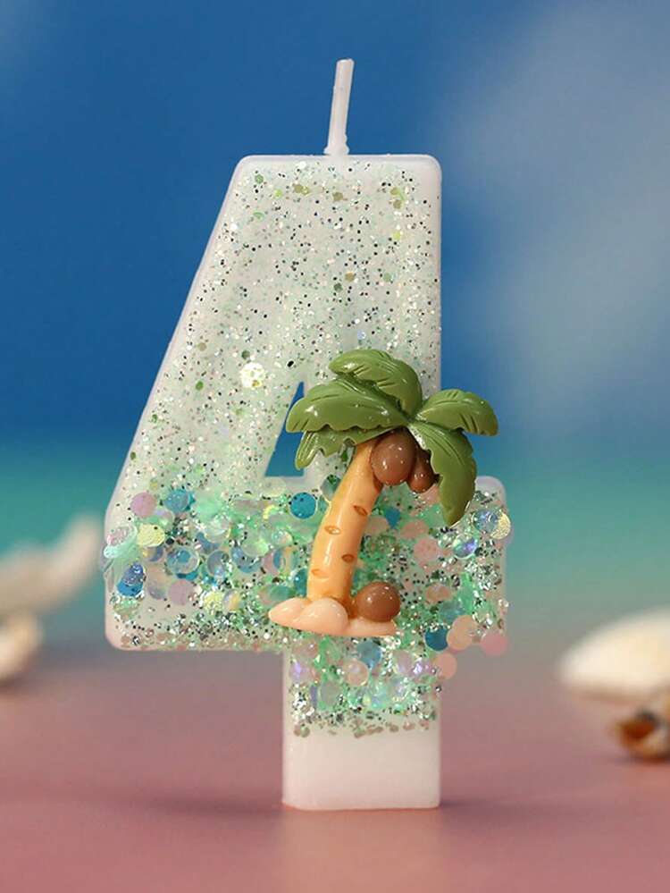 1 Pc Birthday Number Wax Coconut Tree Beach Birthday Candle Cake With Sequined Candle Cake Decoration, Suitable For Anniversary Celebration Items - Multicolor - View 5
