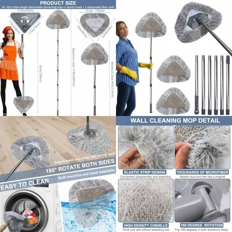 Upgraded Wall Cleaner Mop With 100 Inches Extension Pole Ploe 2in1 Ceiling Cleaning Tool Duster With 2 Replacement Microfiber Chenille Pads For Painted Walls Baseboard Window Floor Gray - Gray - View 1