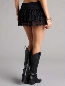 Women Summer Mini Skirts Casual Elegant  Low Rise Layered Ruffle Lace Skirt For Beach Vacation Club - màu đen - Xem 3