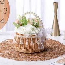 1 pieza Canasta de flores tejida para boda con asa de perlas falsas, decoración elegante con moño, portátil y multifuncional para almacenamiento en el hogar y organizador de varios usos, Navidad, San Valentín, Acción de Gracias con estilo rústico y campestre