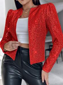 ChicMe 女式闪亮亮片前开襟西装外套，带垫肩，泡泡袖，长袖，纯色，时尚别致，适合派对鸡尾酒会 - 紅色 - 查看 5