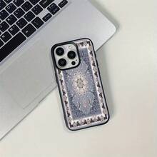 1pc Vintage Blue & Black Floral Pattern Full Screen TPU Phone Case Suitable For Apple/ Phones - Black - View 2