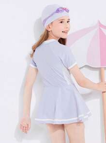 Balabala 青少年女孩連體泳裝套裝，帶帽子，夏季時尚泳裝 - 淡紫色 - 查看 3