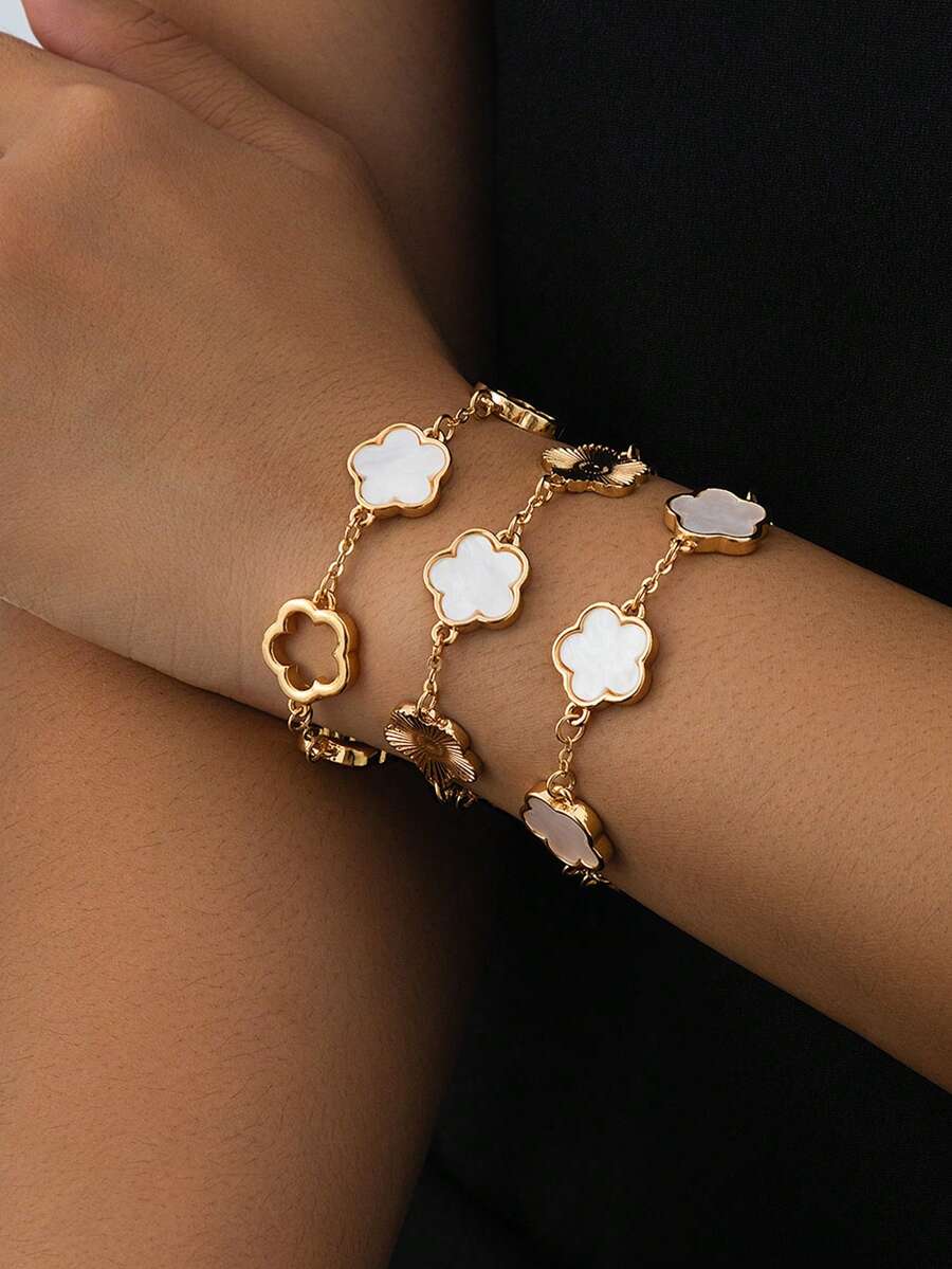 3pcs Classic Fashion Versatile Multicolor Lucky Clover Women Bracelet Set, Can Be Freely Matched (No Gift Box) - White - View 1