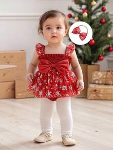 Newborn Baby Girl Christmas Outfit, 1st Christmas Dress Sleeveless Stars Bows Tulle Patchwork Romper Dress With Hairband - 白色 - 查看 2