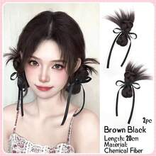 2 pezzi Parrucca sintetica integrata con fermagli, lunghezza 20cm/8 pollici, dolce e versatile, con fiocco e doppio chignon