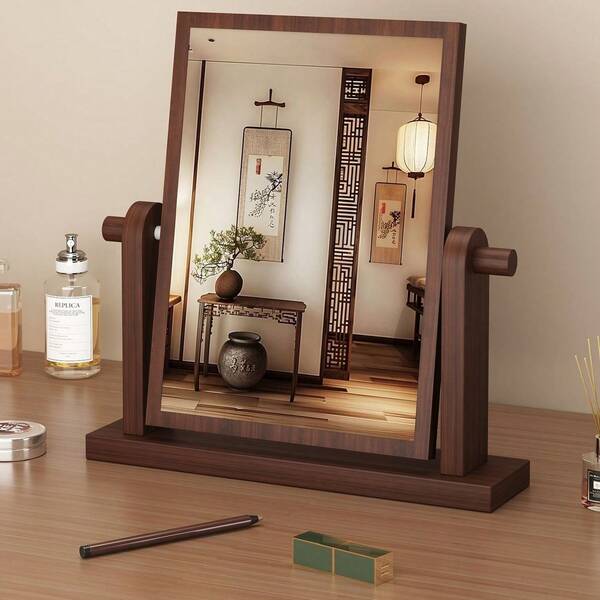 Luxury Solid Wood Vanity Table With Rotating Makeup Mirror, Large French Vintage Solid Wood Vanity Table Mirror