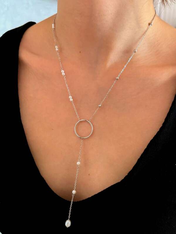 1pc Elegant Y-Shaped Long Faux Pearl Tassel Stainless Steel Gold Plated Necklace, Suitable For Daily Wear And As A Gift
