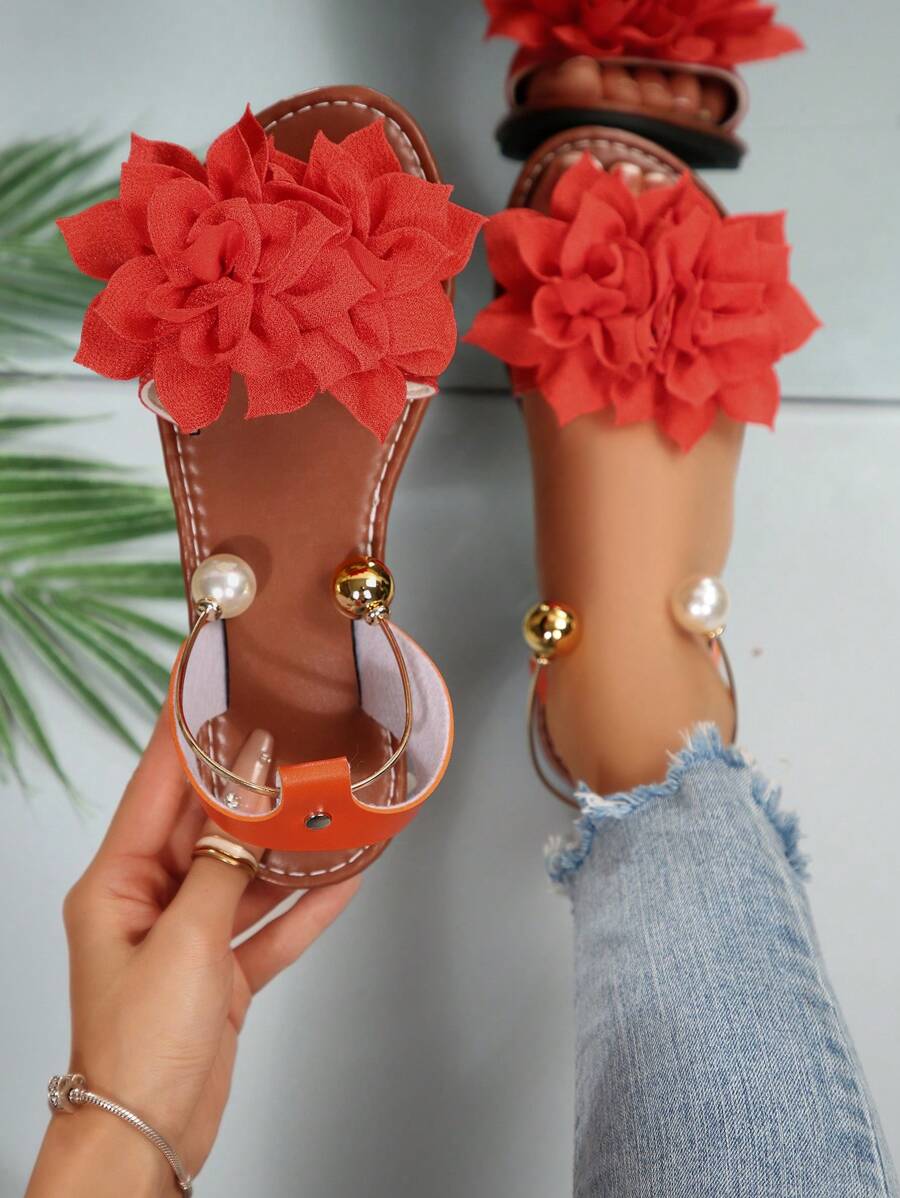 全新加大码女式舒适简约圆头莲花装饰金属珠平底拖鞋凉鞋，休闲时尚户外度假沙滩夏季鞋 - 橘紅色 - 查看 1