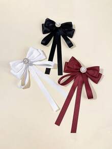 1pc Girl'S Sweetheart Style Bow Tie With Faux Pearl & Rhinestone Embellishments - Black Ribbon Bowknot For Casual Outings, Dates, And Parties, Casual Wear Accessory|Elegant Accessory|Woven Texture,Random Color