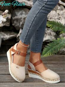 Foot Flair Women's Extra Large Size Patchwork One-Buckle Slingback Hemp Rope Sole Beach Sandals, Summer New Lightweight Platform Roman Flat Sandals - Beige - View 6