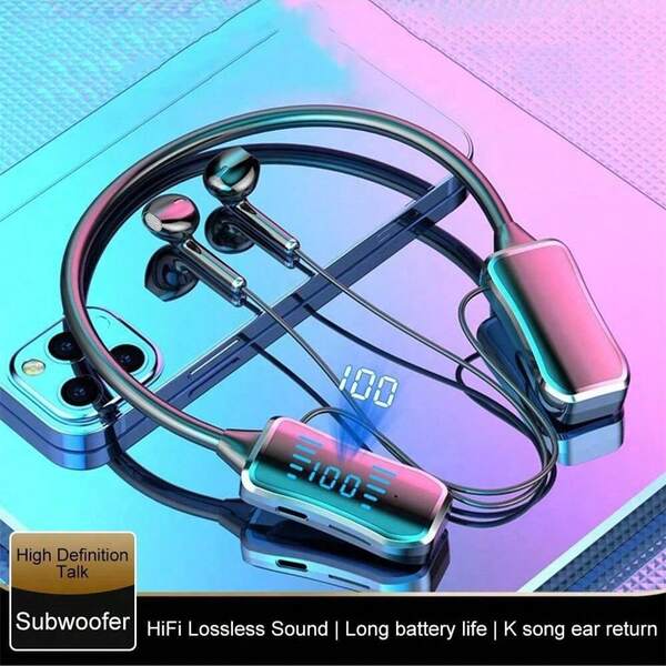 蓝牙5.3耳机，LED显示屏，HiFi立体声耳塞，无线耳机，运动降噪颈挂式耳机