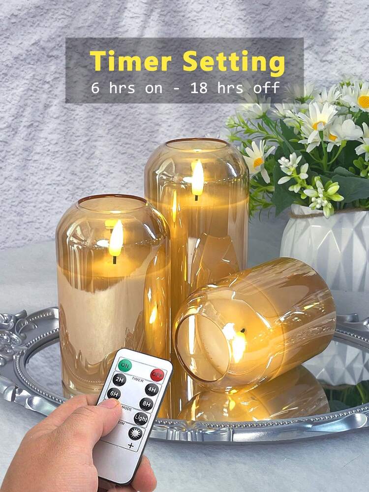 3支装无焰蜡烛灯，带定时/遥控功能，电池供电，许愿蜡烛灯，无异味蜡烛灯，优质透明玻璃罩，3支逼真火焰柱状蜡烛，温暖火焰，适用于家居、卧室、婚礼、求婚、圣诞节、万圣节、情人节、公司聚会等场合 - 金色 - 查看 2