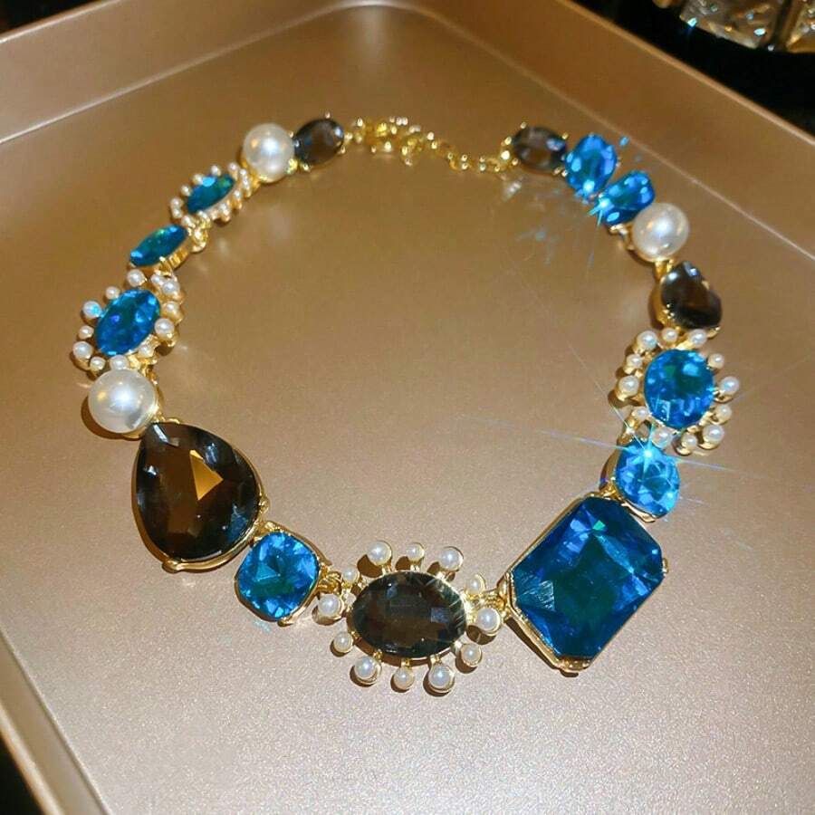 Set da sposa da donna, collana con strass blu, goccia di cristallo, fiore, collana personalizzata, gioielli per feste di ballo, gioielli per costumi di Halloween