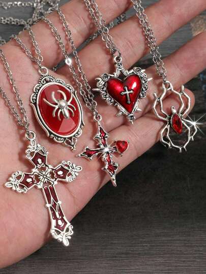 Set de 5 collares con colgantes de estilo gótico, punk rock y vintage Y2K que incluye: araña con gema roja, araña con rhinestones rojos, rosa con espinas, cruz derretida y candado en forma de corazón, con cadena de acero inoxidable, estilo hip hop y bohemio, regalo de Halloween