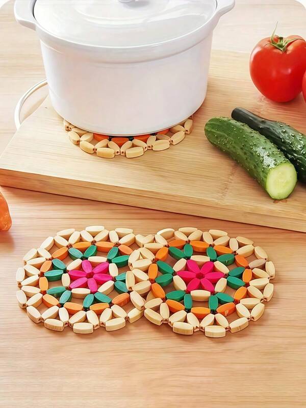3/6/9pcs Heat Resistant Bamboo Coasters, Random Color, Heatproof Placemats For Home, Kitchen, Dining Table, Tableware, Kitchen Accessories