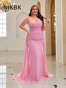 NIKBK 大码腮红粉色露肩美人鱼礼服 - 褶饰雪纺紧身胸衣，不对称飘逸雪纺拖尾，鸡心领口和拖地下摆 | 优雅正式礼服，适合晚会、婚宴、舞会和黑色领带仪式 - 粉色 - 查看 9