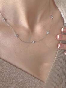 1 件女士多层流苏铜镶嵌锆石四叶项链，日常佩戴珠宝礼物（无礼盒） - 銀色 - 查看 2