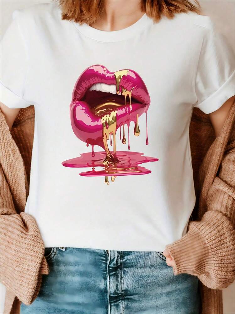 Mujer  T-Shirt | Mexico Shipping | High-Quality Breathable Fabric | Women's Loose Short-Sleeve Print | Pink Lip Drip Design | Black | Machine Washable | Sport Round Neck Casual Top | Loose Comfortable Fashion | Unisex Holiday Gift | Couple Outfit | Spring and Summer Wear | Suitable for All Seasons | Breathable and Sweat-Wicking for Sports, Running, and Hiking | Women's Clothing - Blanco - Añade 1