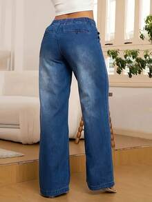 Women's Elastic Waist Loose Fashion Casual Denim Straight Jeans With Medium Stretch, Mid-Rise Design, With Pockets, Dark Blue, Featuring Drawstring Waist, Suitable For All-Season Wear, All-Season Jeans - 深藍色 - 查看 3