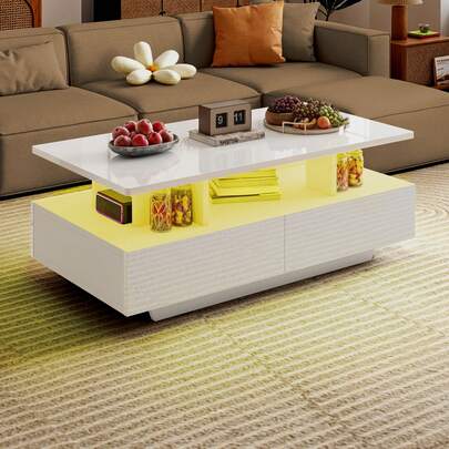 Tavolino moderno BALCONERA bianco (900550410mm) – Finitura lucida UV, 4 cassetti e striscia LED RGB a 7 colori, staccabile