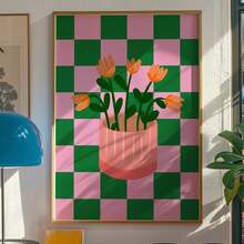 1pc Modern Art Canvas Print - Vibrant Pink & Green Checkered Background With Orange Tulips In A Ceramic Vase, Ideal For Bedroom, Living Room, Kitchen, Or Office Decor, Indoor Wall Art, Modern Home Decor|Vibrant Wall Art|Detailed Print Quality, Wall Decor - Multicolor - View 9