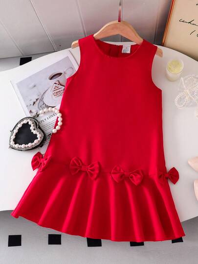 Fashionable & Elegant Girls' Summer Dress With Bow Decor, Round Neck, Back Zipper, Pleated Hem, Sleeveless, Red Color, Suitable For Parties, Outdoor, Comfortable & Soft, Versatile, Graceful Style, Children Clothing, Can Be Used As Gift
