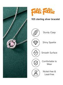 Folli Follie Necklace For Women Heart-Shaped Pendant Necklace With Moissanite Diamond On Chain, Cute Pink Crystal Heart Pendant Adjustable Charm Chain Necklace Jewelry Gifts For Women