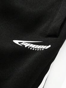 MAISONFOX 男士抽繩對比條紋字母印花休閒長褲，寬鬆抽繩運動褲，適合電子音樂節、返校季、日常穿著 - 黑色 - 查看 6