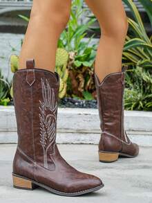 New Women's Embroidered Leather Coffee Brown Western Boots, Pointed Toe Chunky Heel Knee-High Boots, Outdoor Casual Fashion Dress Boots - Coffee Brown - View 6
