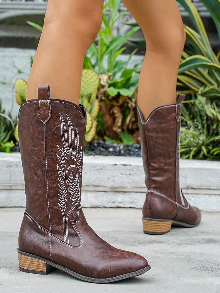New Women's Embroidered Leather Coffee Brown Western Boots, Pointed Toe Chunky Heel Knee-High Boots, Outdoor Casual Fashion Dress Boots - Coffee Brown - View 6
