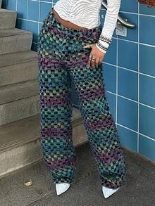 Quần jeans xanh giặt mài phối patchwork với chi tiết kẻ caro rách. Đa năng cho mặc hàng ngày, công sở và hẹn hò, tuyệt vời cho kỳ nghỉ tháng 6. - màu sắc - Xem 4