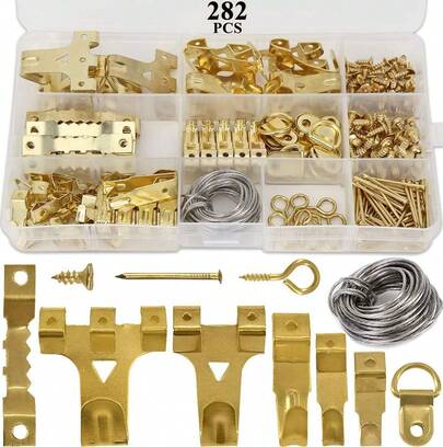 HAUSPROFI 282pcs Picture Hooks For Hard Walls, Picture Hanging Kit For Picture Frame Fixing, Assorted Picture Hanger Set With 62 Steel Hooks, 30 Sawtooth Hangers, D-Ring, Steel Wire, Nails, Screws