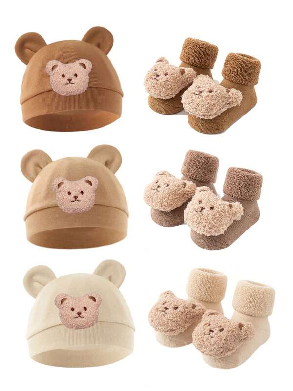 2pcs Cute Bear Plush Doll Hat And Socks Set, Suitable For Autumn/Winter