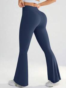 YZMJAFU 女士高腰喇叭裤，交叉弹力腰带设计，休闲百搭修身阔腿裤，弹力面料，凸显曲线，瑜伽/健身紧身打底裤，高腰裸感提拉收腹裤 - 柔软材质 - 藍色 - 查看 5