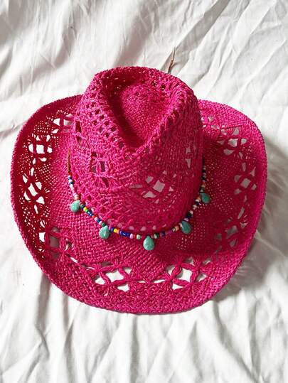 Women Cowgirl Hat, Soft Hollowed Straw Hat Beaded Wide Brim Beach Hat For Club Party