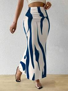 女士腰部褶皱印花美人鱼裙摆优雅春装 - 藍色 - 查看 2