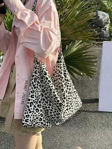 1 Stück weiß-leopardengemusterter Shopper, leicht und faltbar, große Kapazität, Stofftasche, Schulter- und Umhängetasche, Cord-Shopper, Schultasche für Studenten, geeignet für Reisen & Einkaufen, praktisch zu tragen, Gepardenmuster - Schwarz und Weiss - Übersicht 3